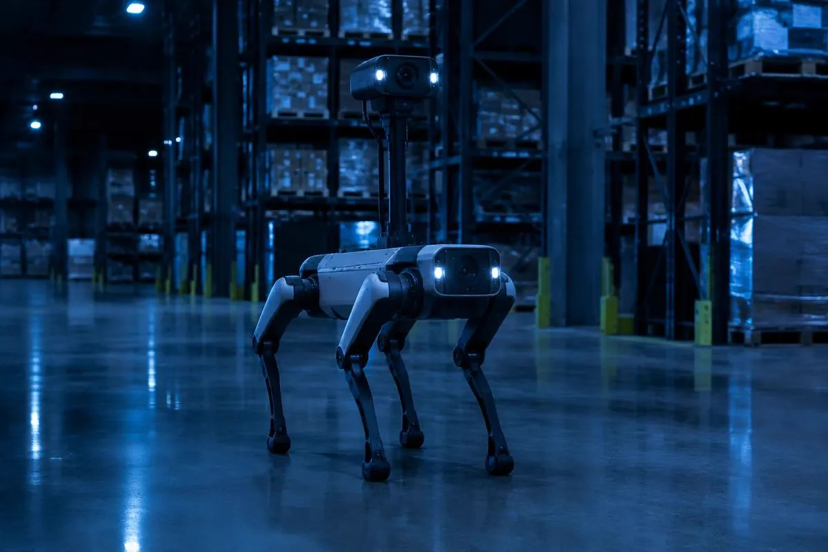 Quadruped robot with a raised camera mast in a dimly lit warehouse