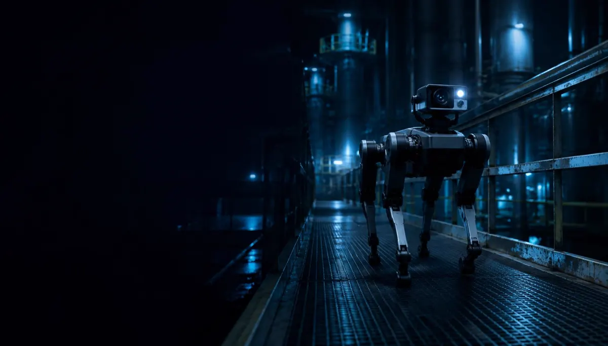 Four-legged inspection robot with a camera head walking along an industrial catwalk at night