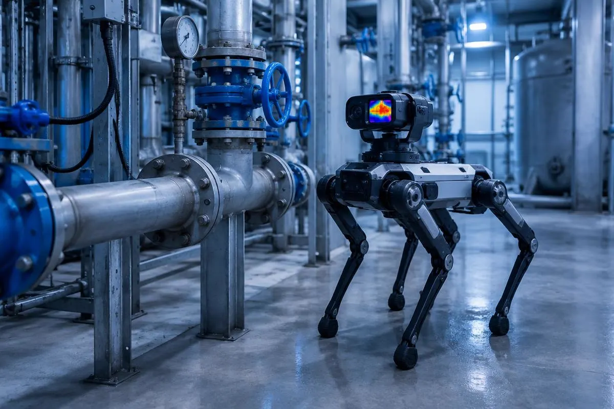 Four-legged inspection robot with a thermal camera beside pipework and valves in a plant room