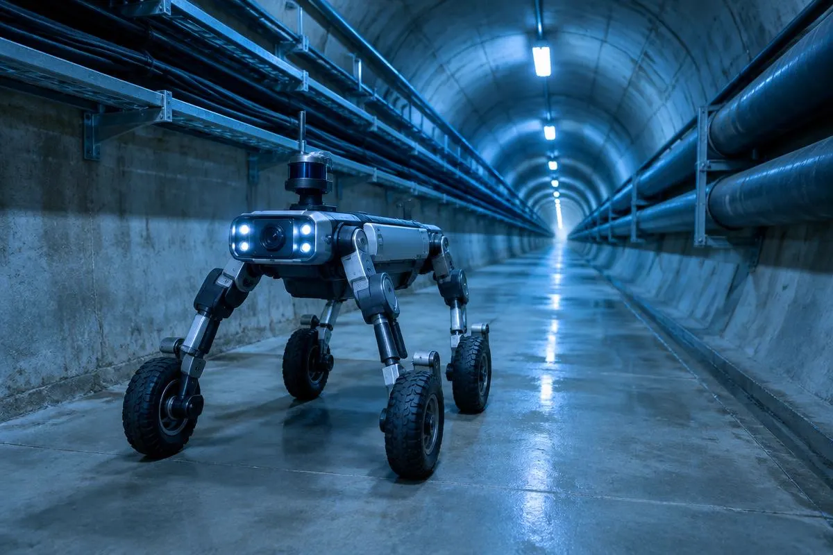 Wheeled-legged inspection robot travelling through a lit concrete utility tunnel