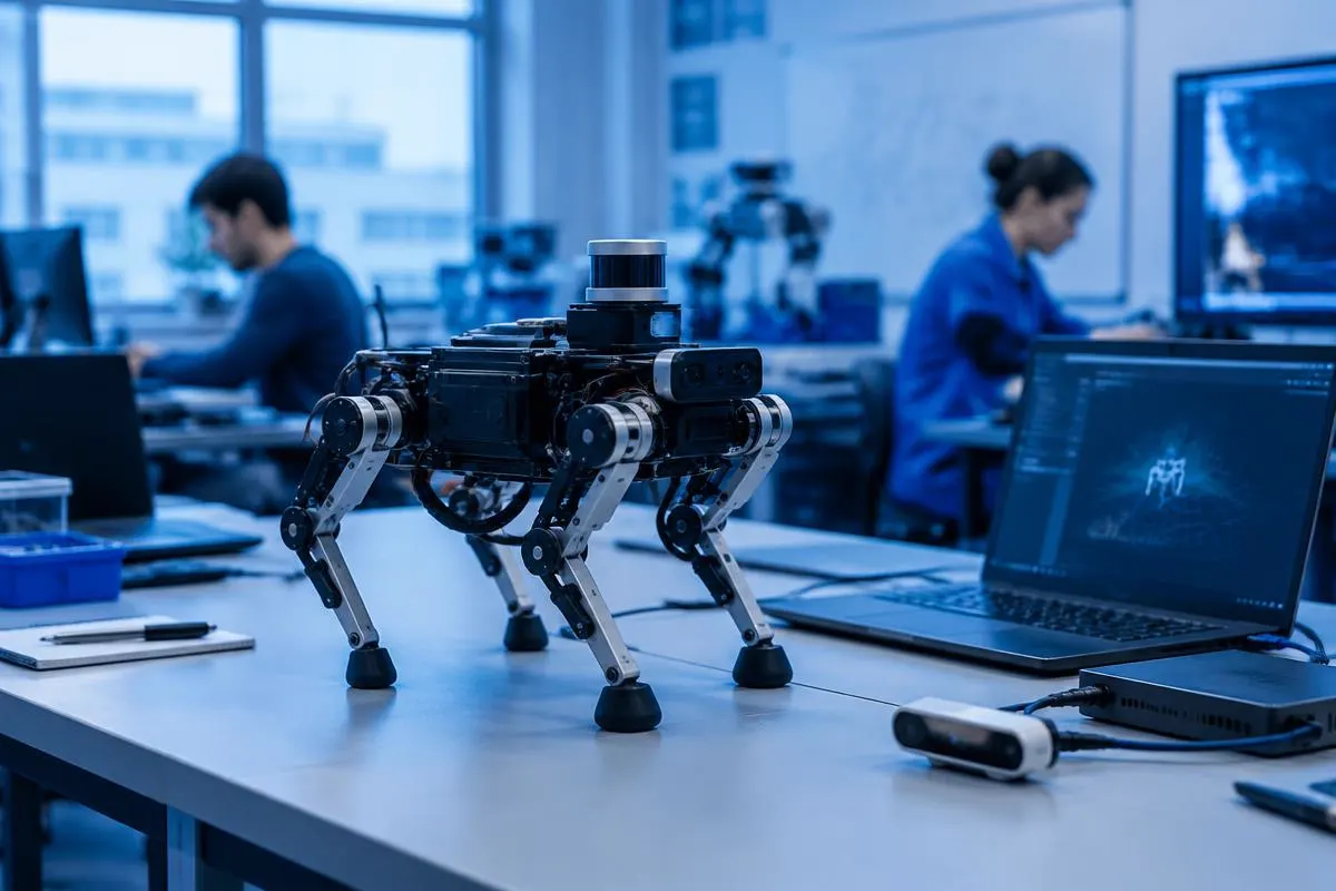 Small research quadruped robot on a university lab bench beside laptops